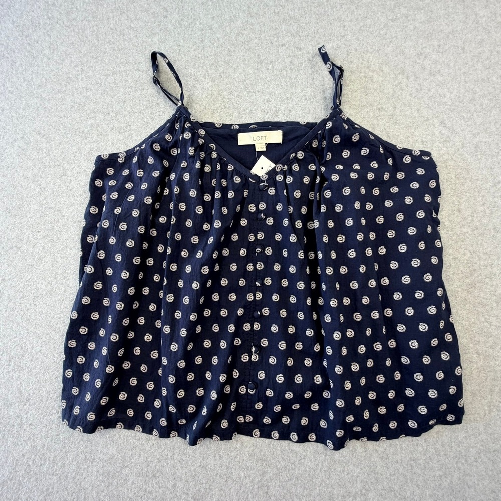 LOFT Navy Blue White Swirl Print Cotton Cami Top Button Front Small NWT